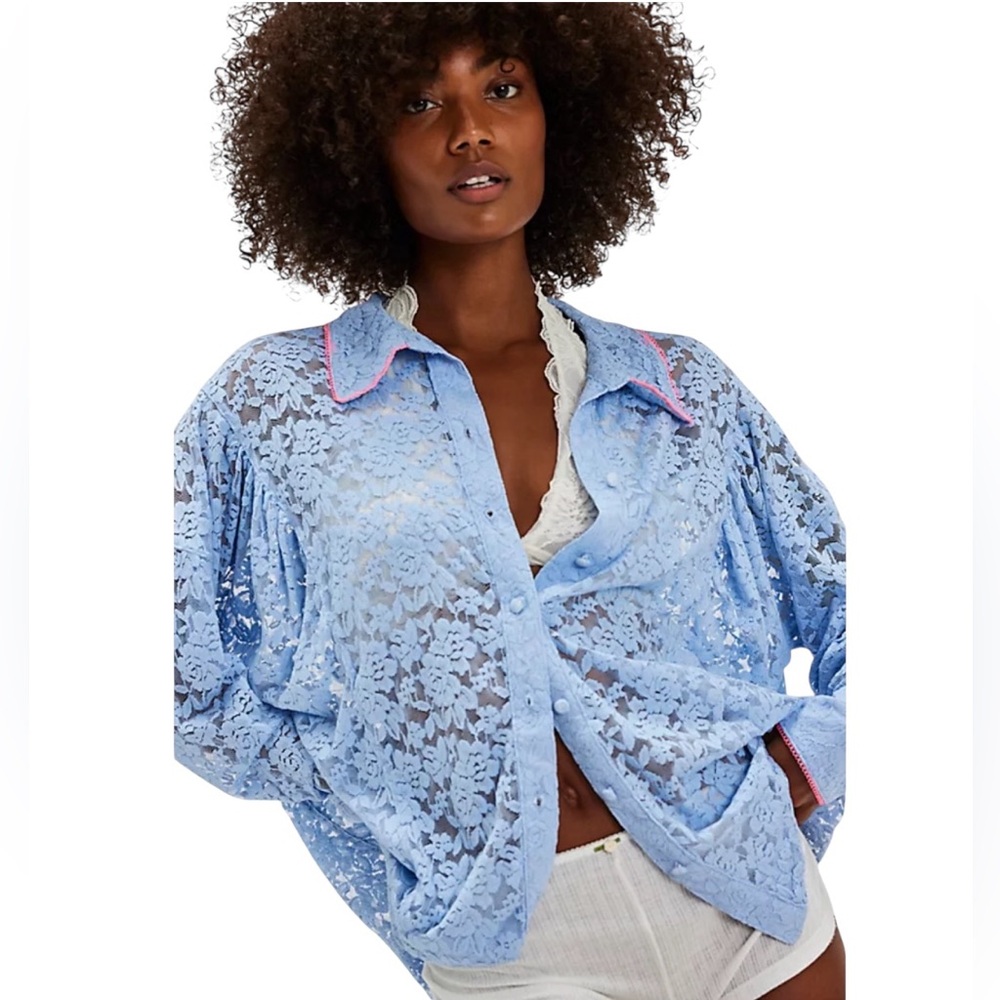 Intimately Free People Lace Button-Up Shirt Powder Blue S - Picture 1 of 10